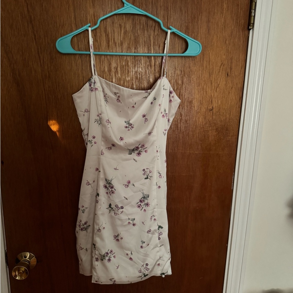 Aritzia Sunday Best Cream Silky Dress with floral pattern
